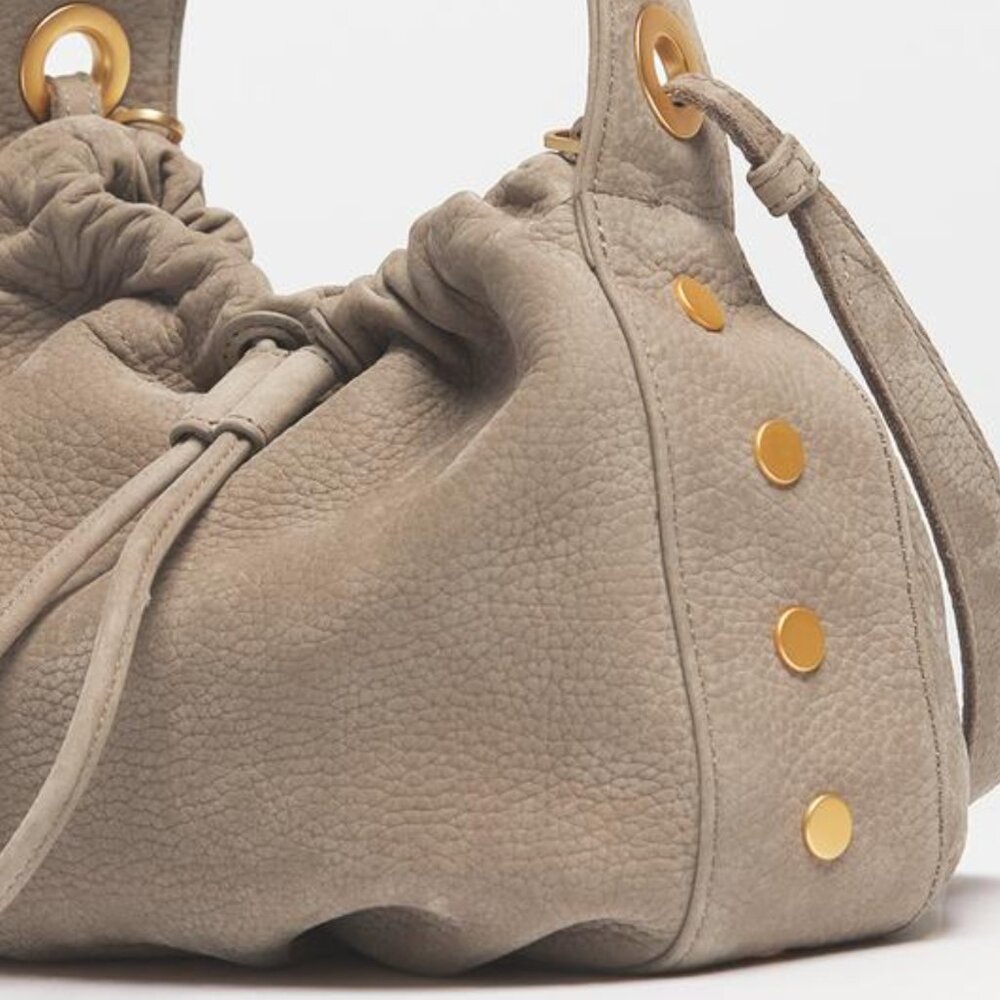 New Hammitt Cooper Medium Gray Nubuck Leather Drawstring Bucket Bag w/Dust Bag